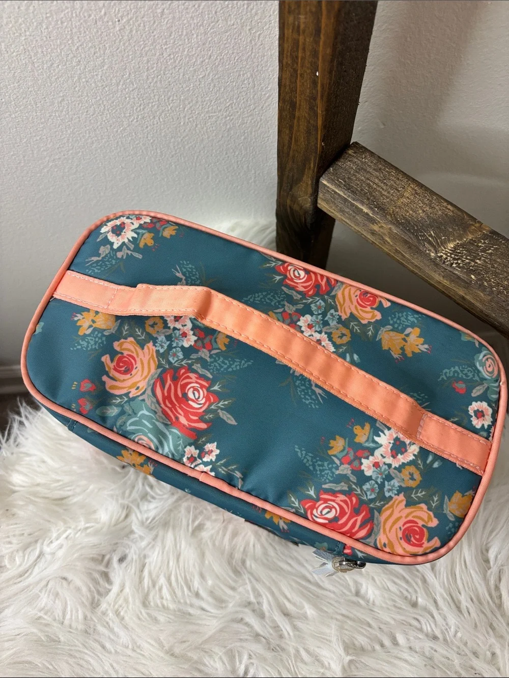 Matilda Jane Teal Floral Cosmetic Bag with Pink Trim